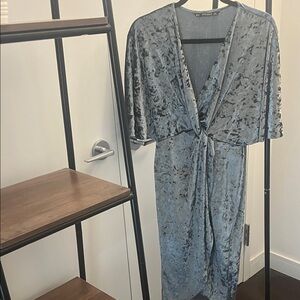 Gray Blue Velvet Wrap Dress